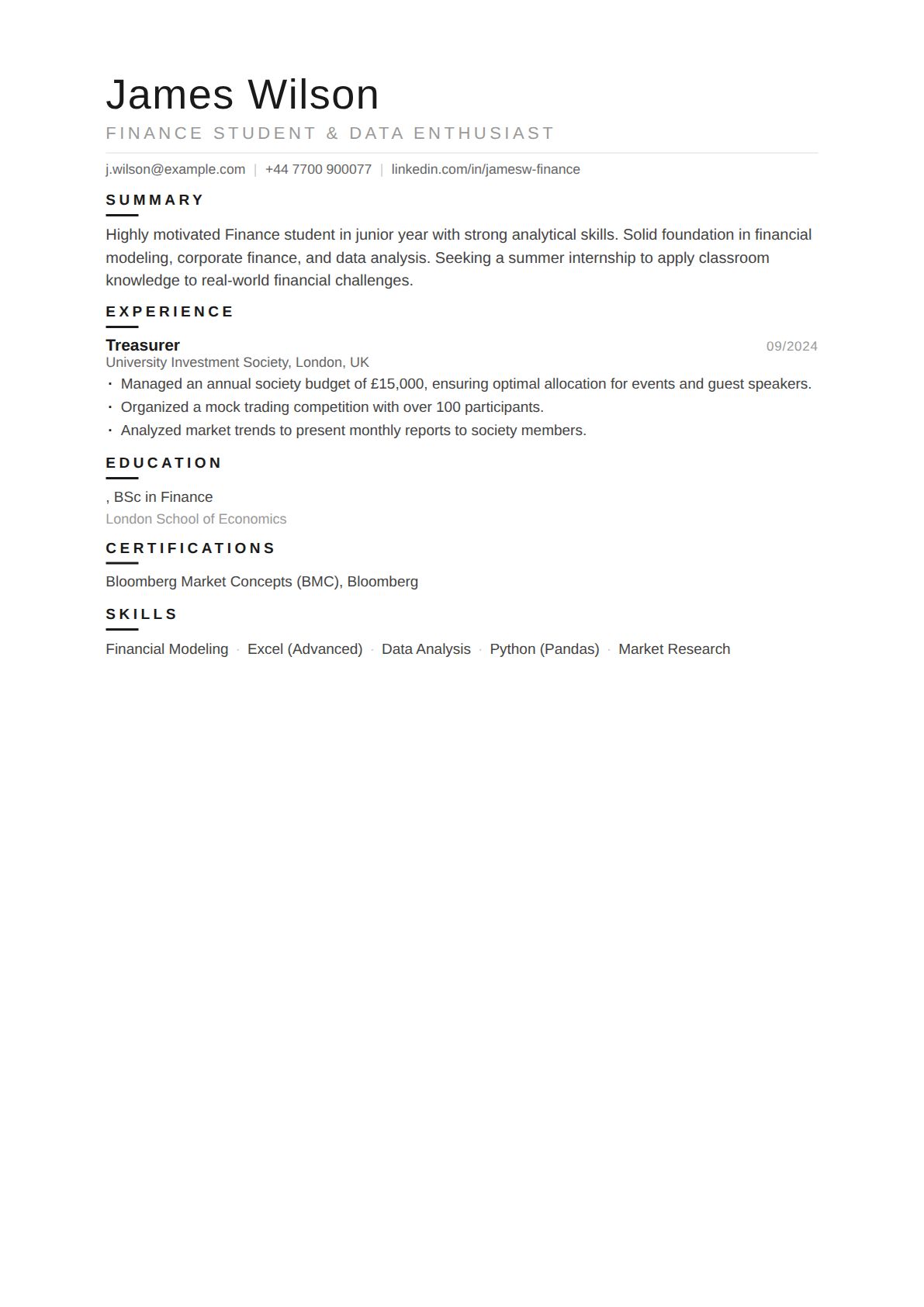 Finance Student seeking Internship